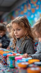 Fototapeta premium A classroom full of children making arts and crafts together. 
