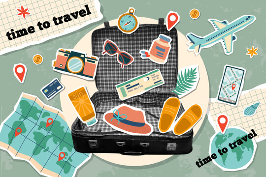 Banner in vintage new nostalgia collage style. Travel concept. Paper halftone suitcase with accessories for travel. Retro vector pop art design.