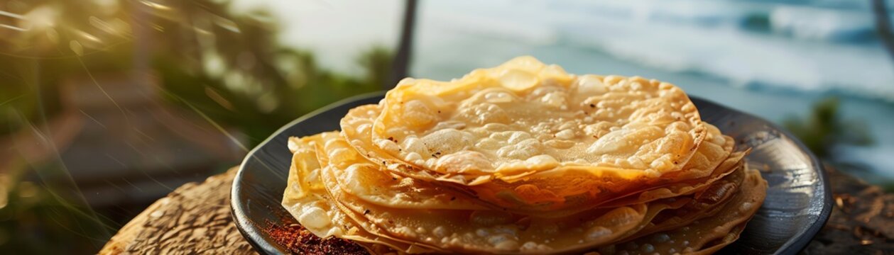 Malabar parotta, flaky layered bread, served on a rustic plate with a coastal Kerala village backdrop