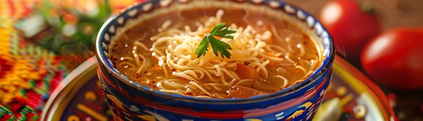 A steaming bowl of traditional Harira soup, a popular dish in North Africa. The soup is made with a variety of vegetables, chickpeas, and meat, and is typically served with bread.
