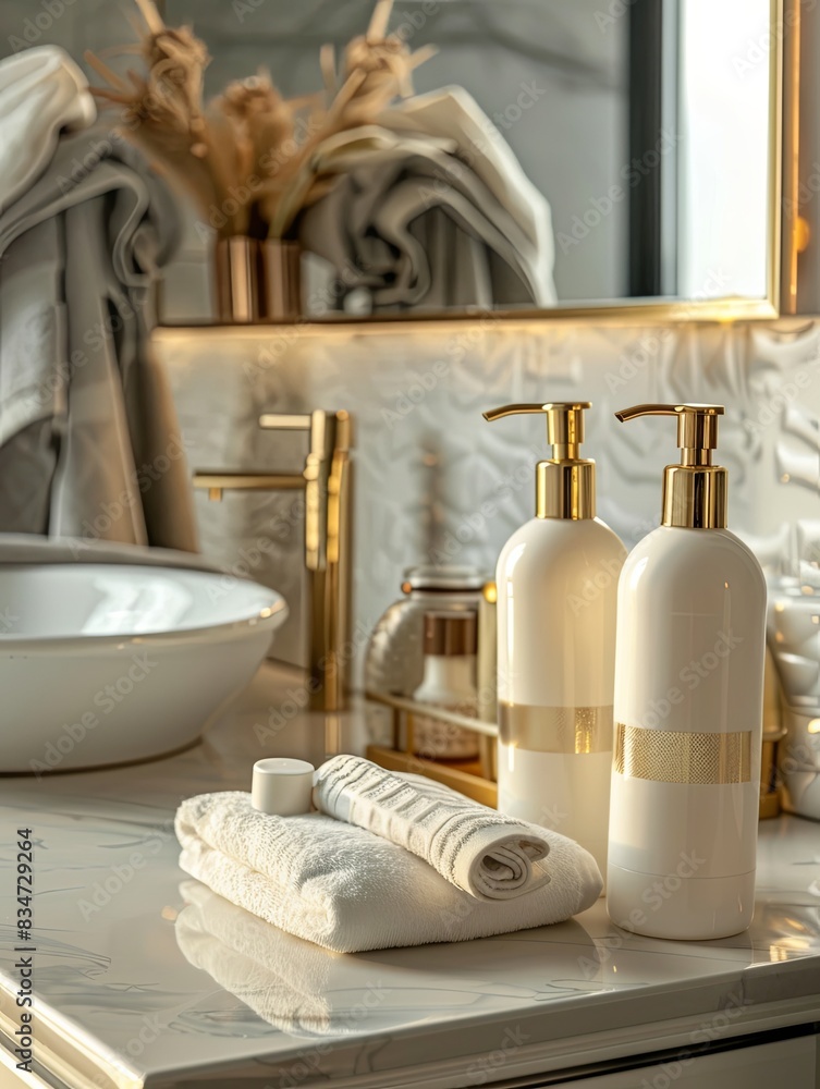 Poster Two elegant bottles of shampoo and conditioner in a bathroom setting. Generative AI