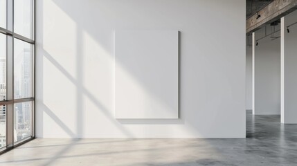 Obraz premium Front view of blank white poster on light grey wall at entrance to modern loft office with concrete floor and city window. 