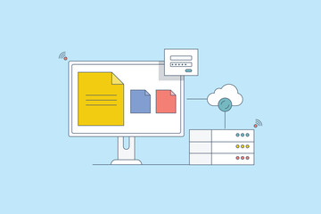 Clod storage, data synchronization to cloud server. Documents securely stored in cloud network, devices connected to cloud storage. Vector illustration background.