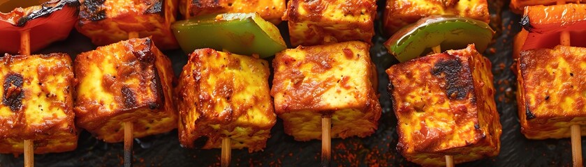 Paneer tikka, marinated and grilled cubes of paneer cheese, served on skewers with a vibrant festival scene