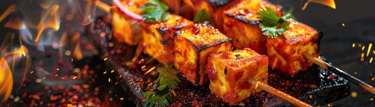 Paneer tikka, marinated and grilled cubes of paneer cheese, served on skewers with a vibrant festival scene