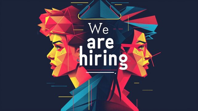 Geometric styled design with diverse profiles and 'We are hiring' text, perfect for recruitment and job vacancy announcements.