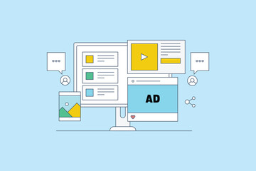 Digital content mix, Content marketing strategy. Mixing content for Social media and search engine optimization. Content with like, share, audience engagement. Vector illustration background.