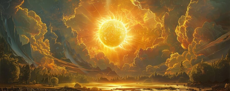 Artistic depiction of the solstice sun as a giant golden wheel in the sky
