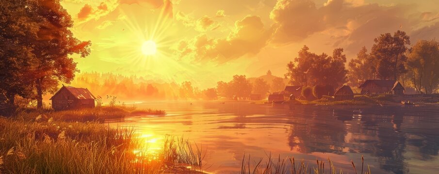 Artistic depiction of the solstice sun shining over a peaceful village