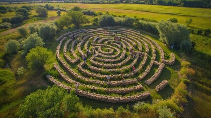 Aerial view of a labyrinth made from stones, with people walking through it