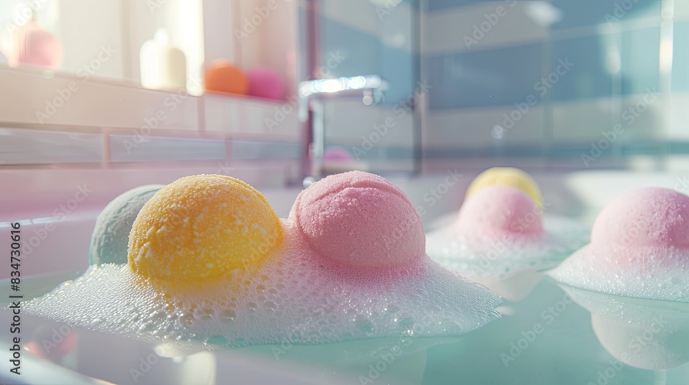 Poster close-up of colorful bath bombs dissolving in a bathtub, creating a luxurious and relaxing spa exper