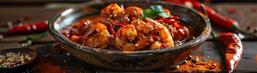 Prawn balchao, spicy Goan prawn pickle, served in a rustic bowl with a coastal Goan village scene