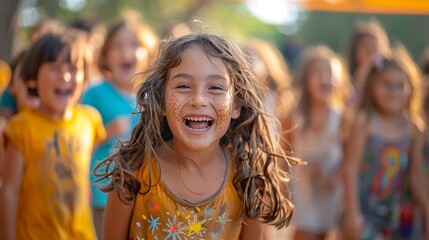 Fototapeta premium A concert or music event with children dancing and singing along to the music.Group of children with painted faces laughing and playing outdoors.