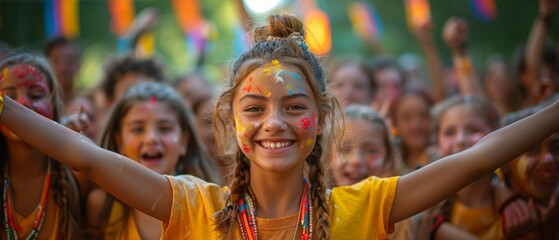 Obraz premium A concert or music event with children dancing and singing along to the music.Group of children with painted faces laughing and playing outdoors.