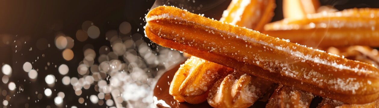 A delicious and crispy churro being dipped in a cup of hot chocolate. The perfect treat for any time of day.