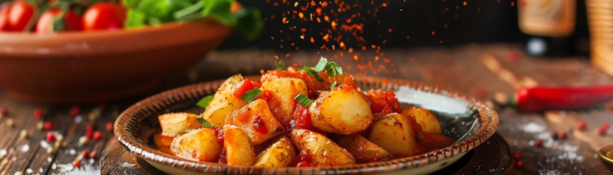 A plate of delicious Spanish patatas bravas with a spicy sauce.