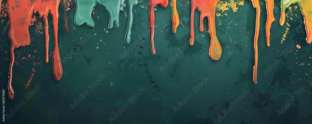 Poster vibrant paint drips in various colors over a dark background, creating a vivid and artistic abstract