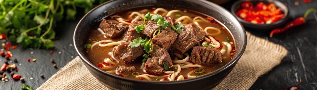 Taiwanese beef noodle soup with tender beef chunks and rich broth, served in a traditional bowl with a bustling Taipei night market backdrop