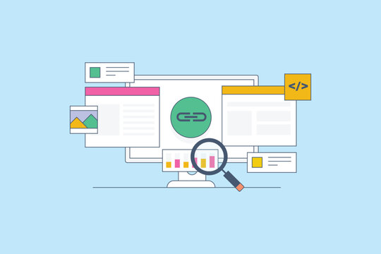 Website link analysis tool. SEO link building strategy. Analysis of website backlinks for SEO. Vector illustration background.
