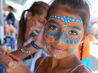 A face-painting booth with children getting their faces painted by artists. 