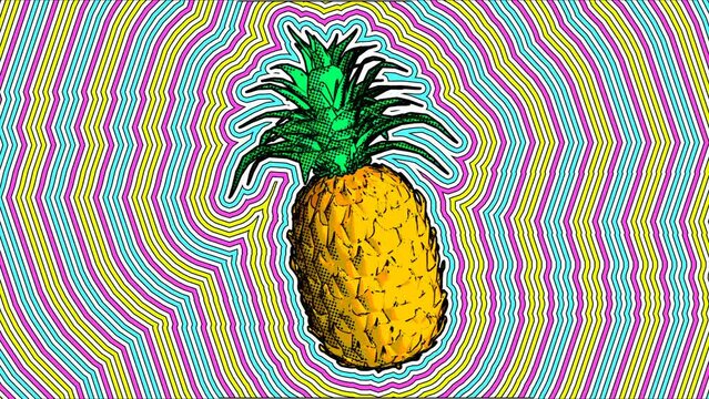 Seamless animation of pineapple. Funny summer background cartoon hand drawn style with wave echo lines.