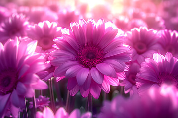 A bunch of pink flowers with a single pink flower in the middle. The flowers are arranged in a way that they are all facing the same direction. Concept of harmony and unity