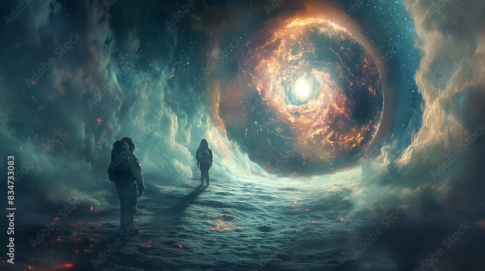 Poster a science fiction concept. looking at a portal appearing in front of a universe of stars and planets