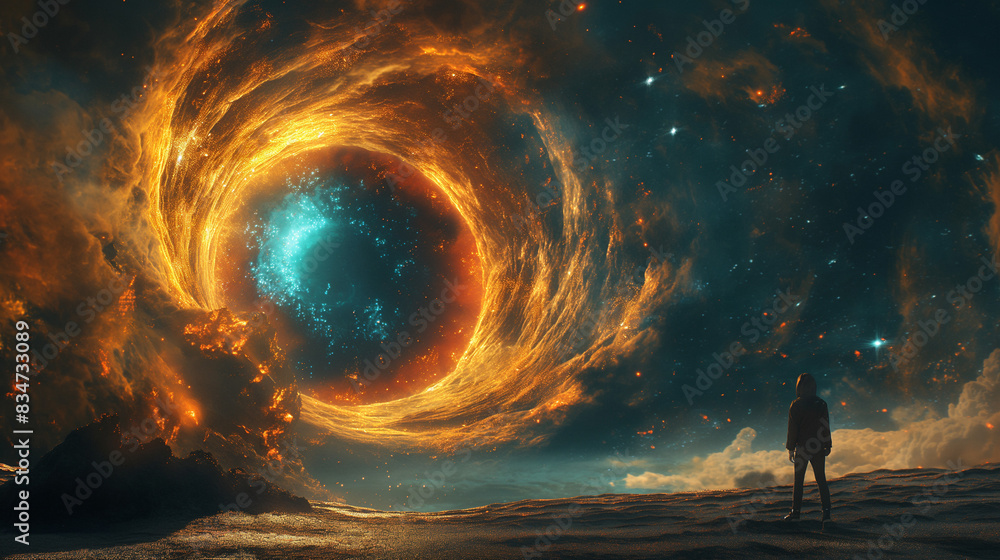 Poster a science fiction concept. looking at a portal appearing in front of a universe of stars and planets