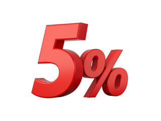 3d Red 5% Five Percent Sign on White Background 3d illustration
