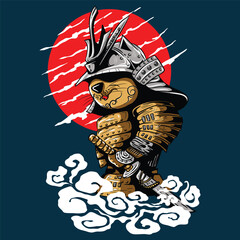 The cat is wearing traditional samurai armor