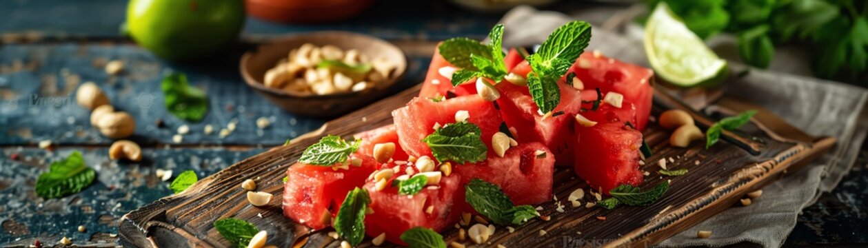 Refreshing watermelon salad with mint and nuts. A perfect summer dish.