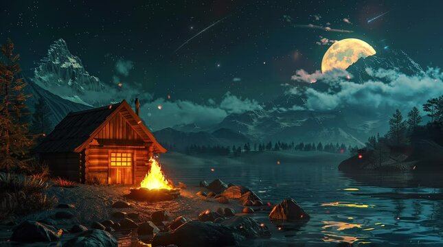 Wooden house by the lake with a bonfire, creating a warm and inviting atmosphere in a serene natural setting
 Seamless looping 4k time-lapse virtual video animation background. Generated AI