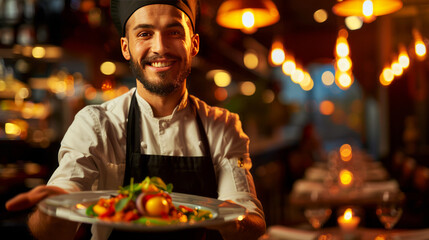 Cheerful server presenting a dish in a warmly lit restaurant, smiling at the camera.