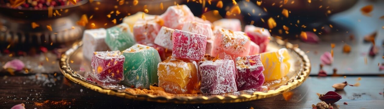 Turkish delight. Traditional rahat lokum with nuts on a plate. Close up.