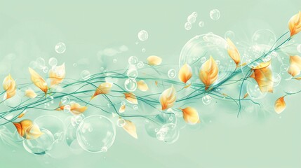 whimsical flat vector illustration of a graceful plant branch intertwined with ephemeral clouds and shining particles, the vibrant amber petals complemented by azure light bubbles of glass, the