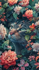 A serene cat immersed in a vibrant garden of colorful flowers, capturing the essence of nature and tranquility.