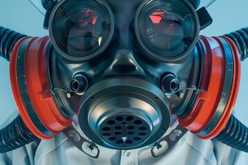 Chemical respirator, enhanced air purification, lightweight, top view, showcasing innovative filtration systems, advanced tone, Analogous Color Scheme