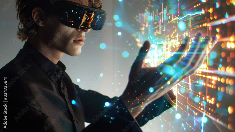 Poster a man wearing a virtual reality headset reaches out with his hand, interacting with a digital interf