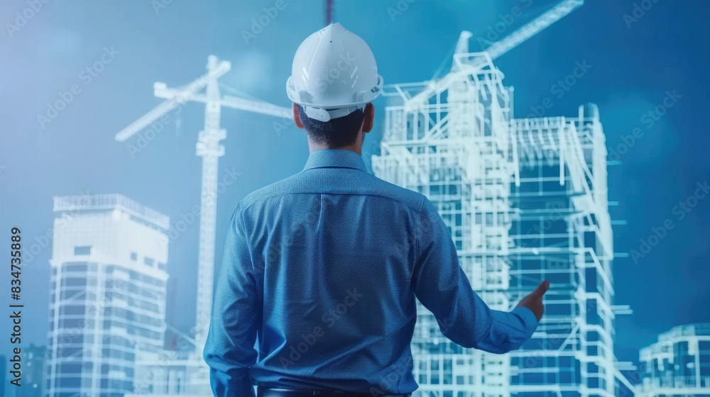 Poster an engineer wearing a hardhat stands in front of a large digital model of a city, planning and desig