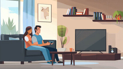 A young couple is relaxing on a couch in their living room, playing video games and enjoying each others company