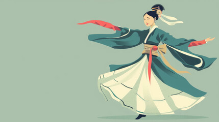 An illustration of a woman wearing a traditional Chinese dress and performing a graceful dance in front of a solid green background
