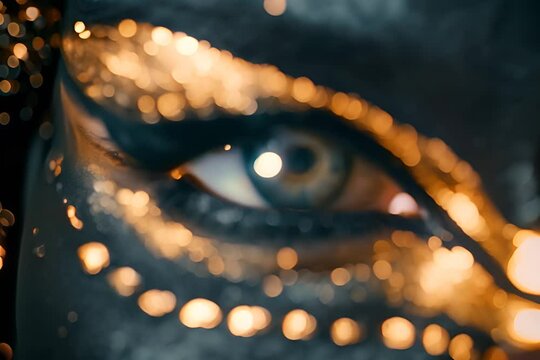 Eye with Black Gold Makeup, Beautiful Luxury Egyptian Woman Eye, Vantablack Ornate Carnival Abstract Makeup, Generative AI Illustration