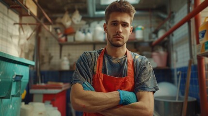 Obraz premium Dedicated Janitor Embracing Holiday Hustle: Labor Day, National Day, New Year, Grand Opening, and 4K HD Wallpaper，Cleaner in work clothes looking at the camera, wearing a safety helmet, danger, Labor 