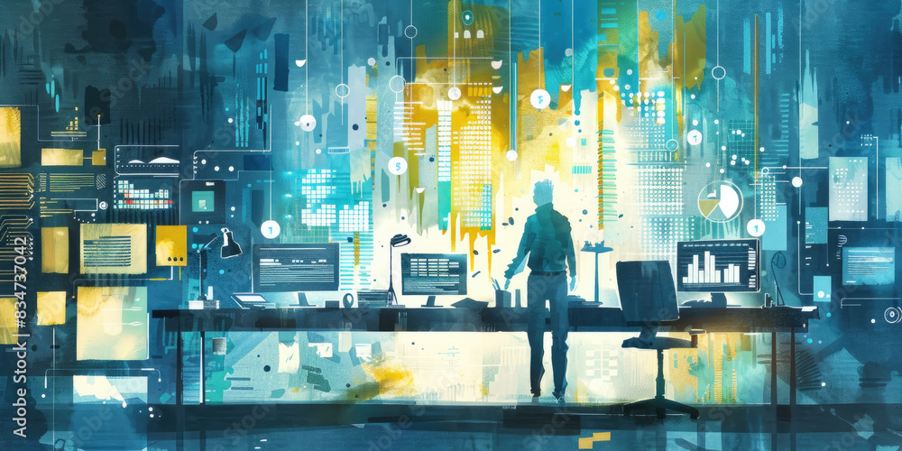 Poster a person stands at a desk in front of a wall filled with digital data visualizations, symbolizing th