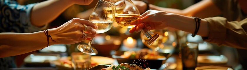 Obraz premium A lively izakaya scene with a group of friends sharing dishes and toasting with sake, captured from an intimate, overtheshoulder angle