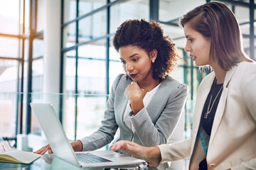 Business people, woman and teamwork with laptop in office for human resources introduction and...