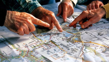 Fototapeta premium Close-up of hands pointing at property blueprints and financial documents on a table, representing teamwork and strategic planning in the creation of a SCI