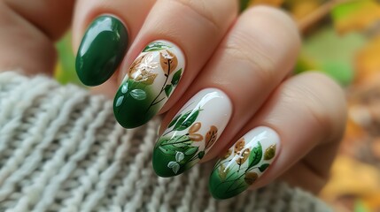 Autumn inspired green and white nail design with brown autumn leaves on green and white background for fall season