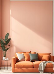 Modern Living Room with Bright Orange Terracotta Brown Sofa and Pastel Accent Walls. Decorative Peach Fuzz 2024 Color for Art. Minimalist Lounge Interior Design. 3D Rendering

