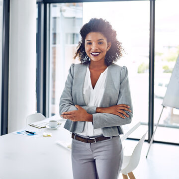 Business woman, portrait and arms crossed with law intern in office with confidence and legal student work. Happy, smile and labour attorney at lawyer company with scholarship opportunity and study